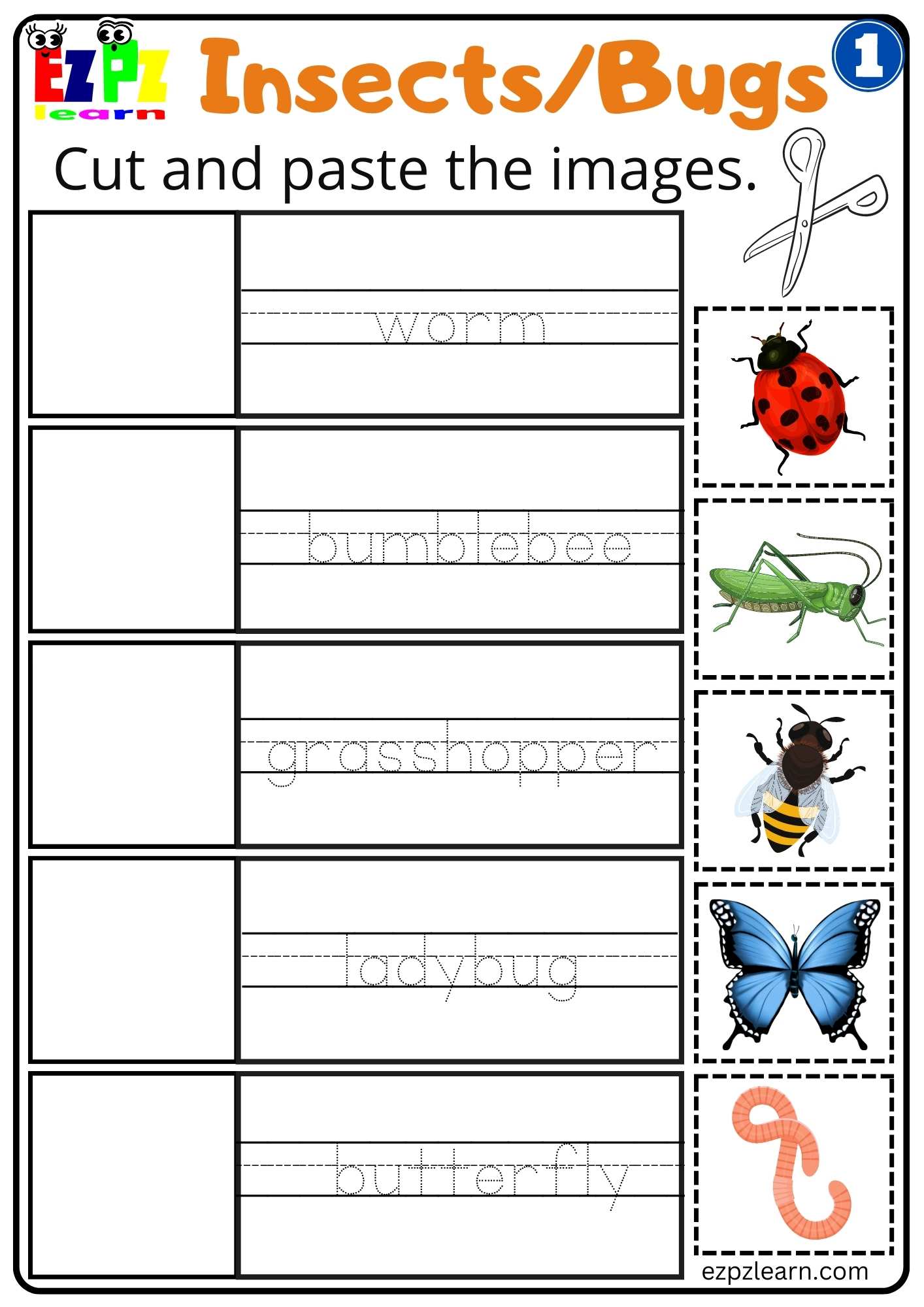 Group 1 Insects and Bugs Cut and Paste Worksheet Free PDF Download For Teachers and Parents
